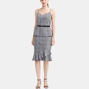 BANANA REPUBLIC WINDOWPANE WOOL CAMI & RUFFLE HEM PENCIL SKIRT SET GRAY PLAID